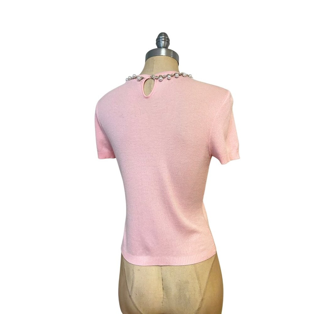 Flora Bea Pink Short-Sleeve Sweater With Pearl & Rhinestone Neckline Small - Picture 3 of 5